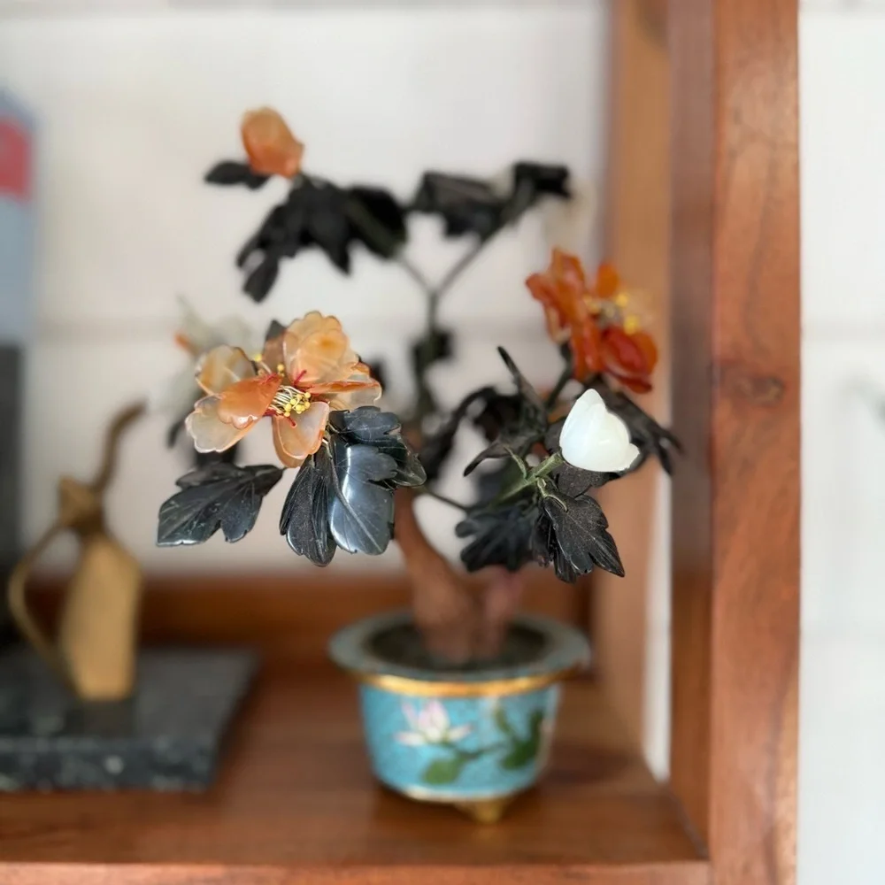 Vintage Chinese Carved Hardstone Flowering Bonsai in a Cloisonne Plant Pot jade